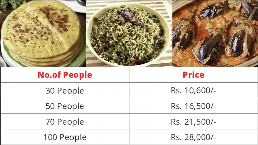 Andhra style vegetarian catering menu with price list for 30 to 100 people in Bangalore