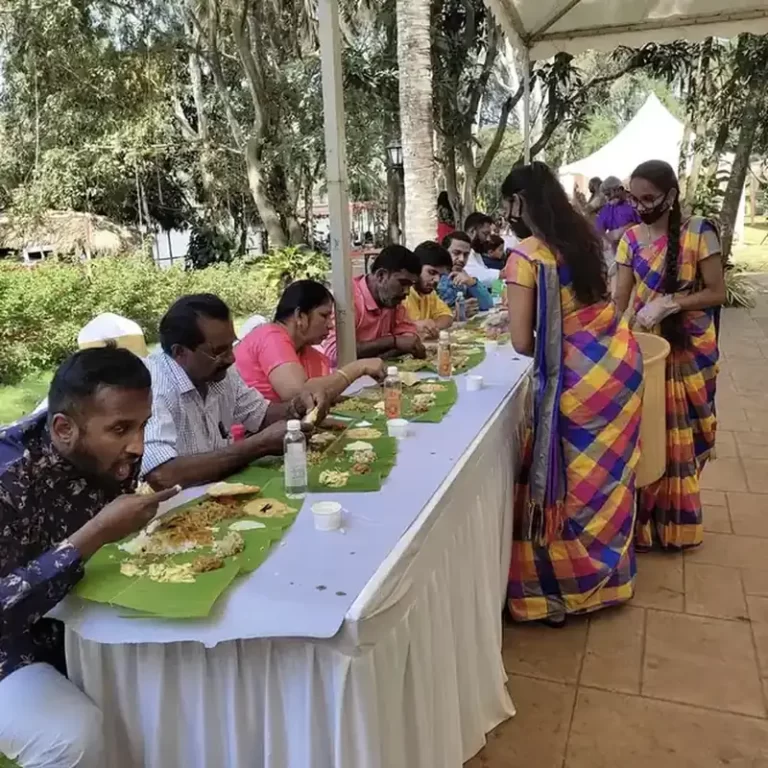 Banana leaf dining setup by catering services in Bangalore