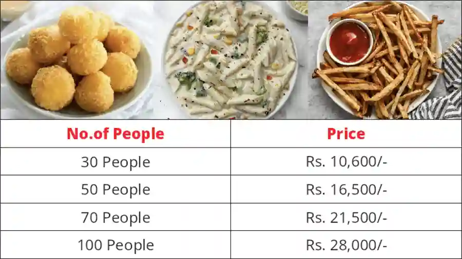 Vegetarian snacks catering menu with price list for 30 to 100 people in Bangalore